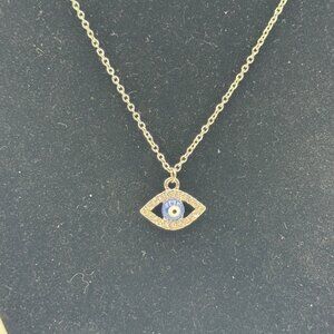 Evil Eye Necklace Silver Chain Adjustable Rhinestone Detailing Blue White Enamel